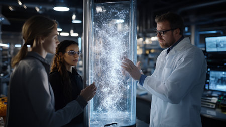 A diverse team of scientists, wearing lab coats and safety glasses, intently observe a glowing, intricate, web-like neural structure within a clear cylindrical vessel. The man gestures.の素材