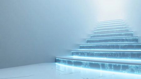 A futuristic staircase with glowing blue circuit board design, illuminated steps, and bright light at the top.の素材