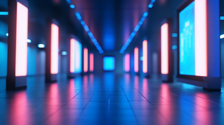 A low-angle view of a futuristic hallway with a reflective tiled floor, illuminated by glowing vertical pink and blue neon lights, creating a blurred, abstract background.の素材