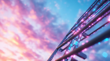 A futuristic structure with multiple parallel bars, displaying glowing pink and blue lights, and binary code. The structure has a dark metallic appearance.の素材