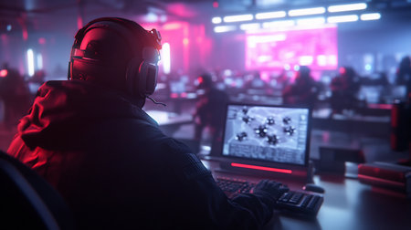 Back view of a gamer wearing a headset, playing a strategy game on a laptop, illuminated by red and blue lights in a dark room.の素材