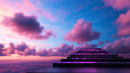 A dark staircase with glowing purple lights displaying binary code ascends upwards. The steps are made of a dark material.の素材