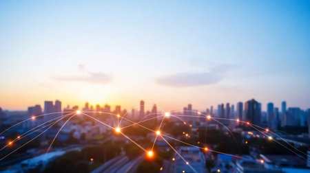Illuminated network lines overlaying a blurred cityscape at sunset, with glowing nodes and connecting lines, symbolizing digital connections.の素材