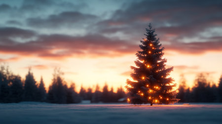 A Christmas tree, adorned with warm, glowing lights, stands tall in a snowy landscape. The tree's branches are covered in snow.の素材