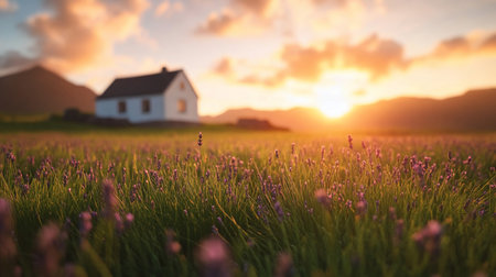 A field of lavender with purple flowers and green stems, illuminated by the warm glow of a setting sun.の素材