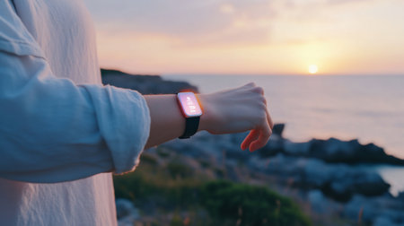 Human forearm wearing a black-strapped smartwatch with a vibrant, glowing rectangular screen. Display shows health data icons like heart rate, steps, and battery.の素材