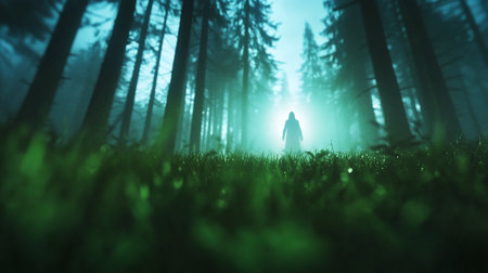 A dark, enigmatic silhouette of a standing figure in a long robe, backlit by a powerful, radiant glow. The mysterious form appears otherworldly and supernatural.の素材