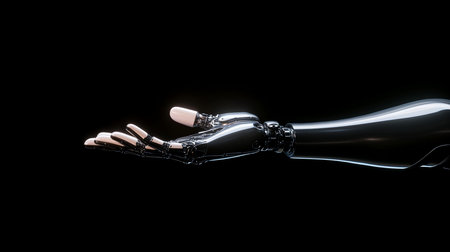 A highly polished chrome robotic hand extends forward with an open palm. The fingers have white tips, and the arm is sleek and reflective.の素材