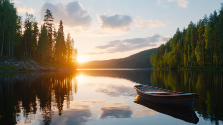 A classic wooden rowboat with a dark hull and warm orange-brown interior trim, floating peacefully on the water's surface.の素材