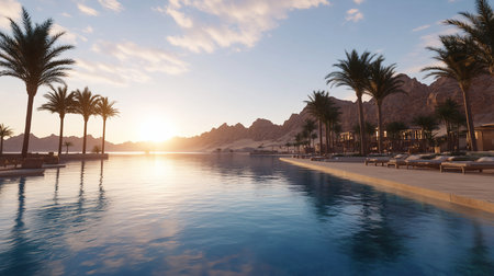 Clear blue infinity pool water reflects palm trees and rugged desert mountains. Luxurious lounge chairs line the pool deck under a golden sunset.の素材