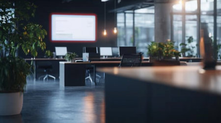 A dimly lit, stylish open-plan office with wooden desks, computer monitors, and potted plants. The space has a modern, industrial aesthetic with concrete floors.の素材