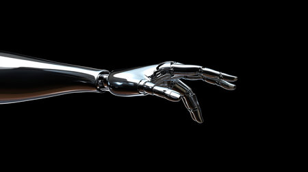 Polished silver metallic robotic arm and hand, featuring segmented fingers and reflective surface, posed in a delicate, reaching gesture.の素材