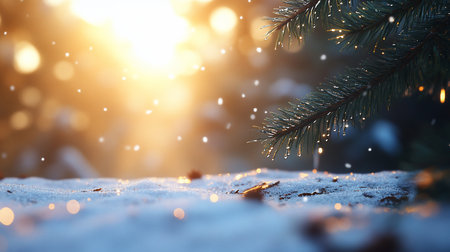 A vibrant green pine branch with glistening water droplets, set against a soft, snow-covered ground with warm, shimmering golden bokeh lights and falling snow.の素材