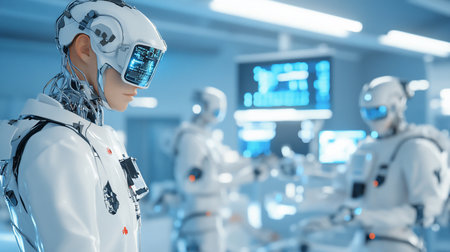 Detailed white robot in profile, featuring a glowing blue data visor, intricate chrome neck, and a sleek white uniform with subtle red markings.の素材