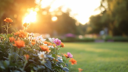 A colorful array of garden flowers, featuring orange, pink, and white blossoms, bathed in warm sunlight. Green foliage provides a lush backdrop.の素材