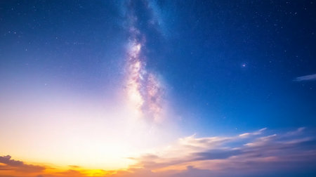 The image showcases a vibrant night sky with the Milky Way galaxy prominently displayed, surrounded by countless stars.の素材