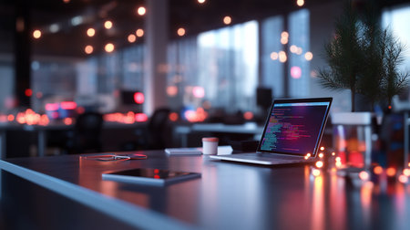 Silver laptop with open lid displaying colorful code, alongside a black tablet and orange glasses on a dark, reflective desk.の素材