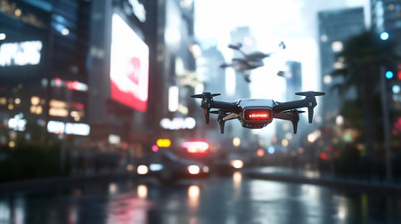 Modern black drone with four rotors, featuring a glowing red display panel, captured mid-flight in a bustling city setting.の素材