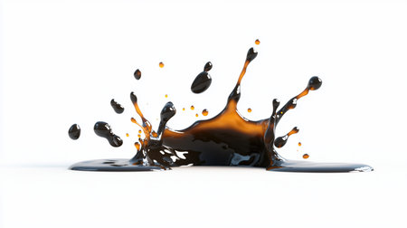 A close-up of a dark brown, viscous liquid splashing, creating a crown-like shape with a glossy surface and multiple airborne droplets frozen in motion.の素材