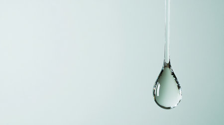 A macro view of a single, transparent teardrop of viscous fluid, suspended with reflective surfaces and slightly textured, crystalline edges.の素材