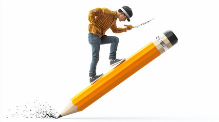 A focused young man in a yellow plaid shirt, blue jeans, and a cap climbs up a giant yellow pencil, drawing a line with a smaller pencil as he ascends.の素材