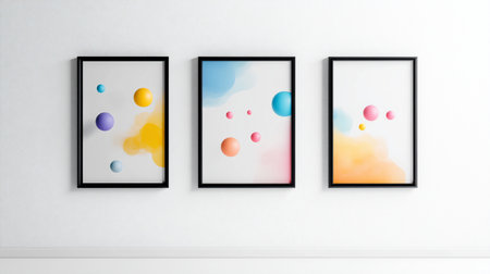 Three framed art prints featuring colorful spheres and watercolor-style accents, displayed against a white wall, creating a modern and minimalist aesthetic.の素材