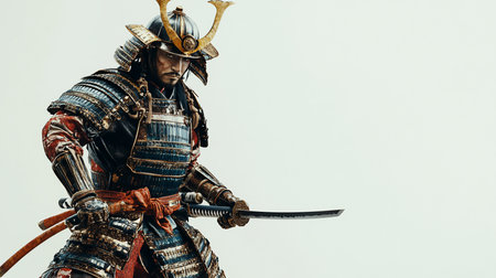 A male samurai warrior in detailed, weathered blue and gold lamellar armor, wearing a horned helmet. He holds a sharp katana with a focused, intense expression and bloodied sleeve.の素材