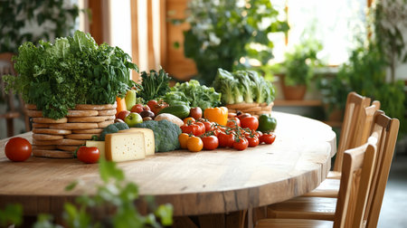 A vibrant assortment of fresh vegetables, including tomatoes, peppers, broccoli, and lettuce, alongside cheese, arranged on a wooden table.の素材