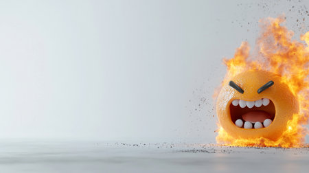 A 3D rendered orange character with a textured peel, featuring an angry face with black eyebrows, an open mouth with white teeth, and engulfed in bright orange flames and embers.の素材