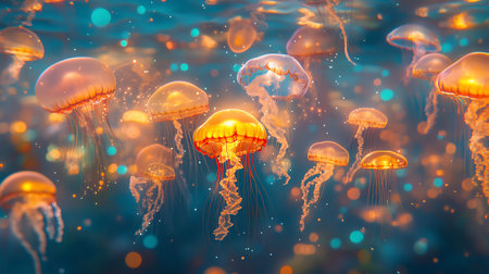 A group of jellyfish with translucent bells and delicate tentacles, illuminated with a warm, golden glow, floating in a deep blue aquatic environment.の素材