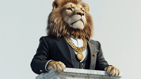 A majestic lion, dressed in a tailored black suit and gold chain, gazes upwards. The lion's fur is detailed, and the gold chain is prominent.の素材
