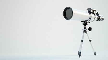 A modern white and metallic telescope with black optical elements, precisely mounted on a sturdy three-legged tripod, featuring a smooth, reflective finish.の素材