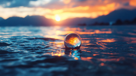 A clear glass sphere floats on water, reflecting a vibrant sunset. The sphere's surface is smooth and transparent, capturing the colors of the sky.の素材