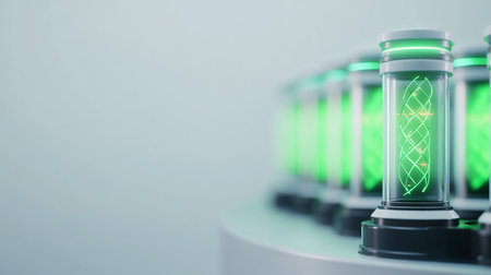 Close-up of a futuristic transparent cylinder, glowing vibrant green with an intricate internal spiral structure, featuring a sleek white cap and dark base.の素材
