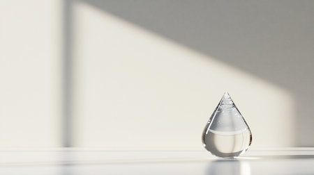 A single, clear glass water drop, reflecting light, with a rounded base and pointed top.の素材