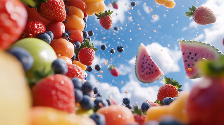 Assortment of fresh, colorful fruits, including ripe strawberries, juicy watermelon slices, plump blueberries, and green apples, captured in dynamic mid-air motion with water droplets.の素材