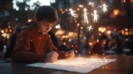 A young boy wearing a red hoodie is writing on a white paper with a pen, creating glowing lines. Above him are floating stick figures.の素材