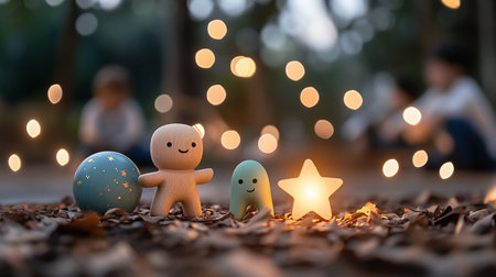 A collection of wooden toys: a star, a sphere with stars, a light green figure, and a wooden figure with a smiling face, resting on fallen leaves.の素材