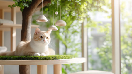 A beautiful ginger and white cat with amber eyes and striped fur is lying comfortably on a textured green mat, looking alert and curious.の素材