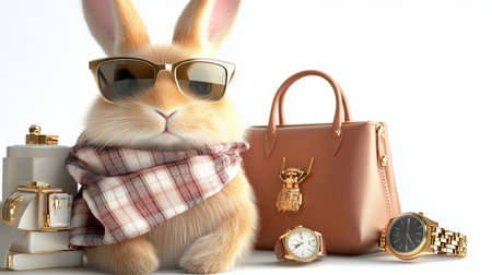 A chic, fluffy brown rabbit wearing gold-framed sunglasses and a plaid scarf, posed with a leather handbag and several gold watches.の素材