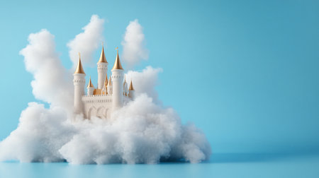 A pristine white castle with ornate details and golden spires, nestled amidst soft, fluffy white clouds, creating a whimsical and ethereal scene.の素材