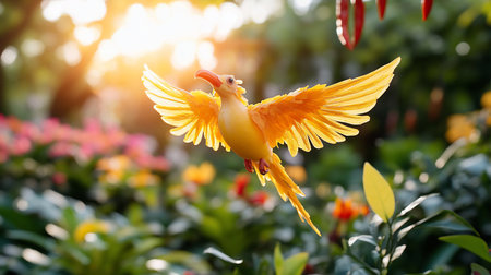 A vibrant yellow bird with orange beak and feet, wings spread, appears to be flying in a garden setting.の素材