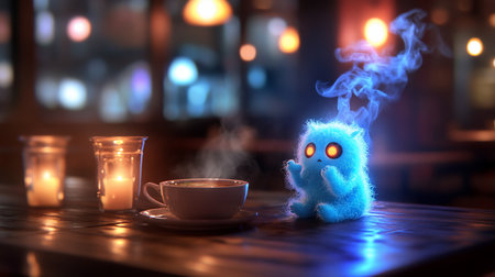 A small, fluffy blue creature with glowing orange eyes, emitting blue smoke from its head, sitting. It has a curious expression.の素材