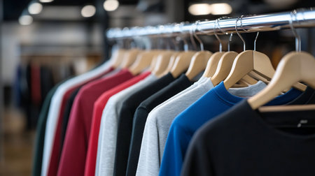 Row of colorful T-shirts on wooden hangers, including red, gray, black, and blue, hanging on a metal rack in a clothing store.の素材