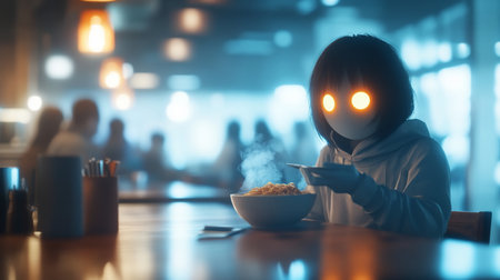 A solitary, enigmatic character with short black hair and a featureless white mask sits wearing a hoodie. Its large, round eyes glow with a bright orange light.の素材