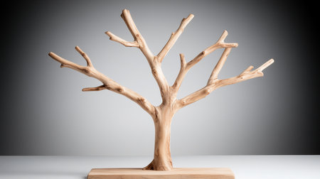 A stylized wooden tree sculpture with smooth, light brown branches and a rectangular base, showcasing a minimalist and natural aesthetic.の素材