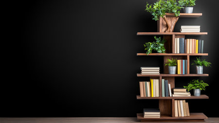 A unique, tree-shaped wooden bookshelf with staggered shelves holding stacks of hardcover books and several small, green plants in galvanized metal pots.の素材