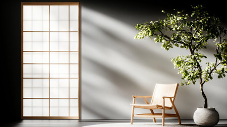 Light wood armchair featuring a woven seat and back, positioned near a potted tree, bathed in soft, diffused sunlight.の素材