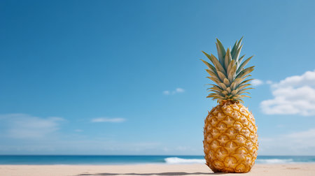 A fresh, ripe pineapple with a spiky green crown stands on a sandy beach, its textured skin a golden yellow color.の素材