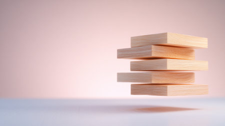 Five rectangular wooden blocks stacked, appearing to float. Each block has visible wood grain texture, with warm lighting.の素材
